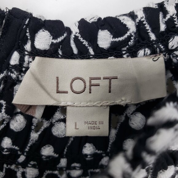 3/$25 LOFT Embroidered Eyelet Lace Swing Dress L Smocked Yoke A Line Black - Picture 3 of 10